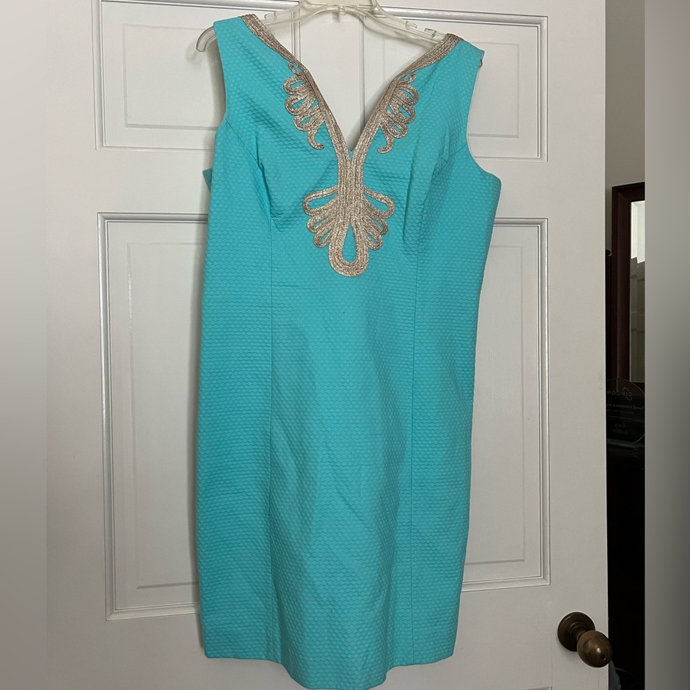 Lilly Pulitzer sleeveless sheath dress, aqua and gold size 14